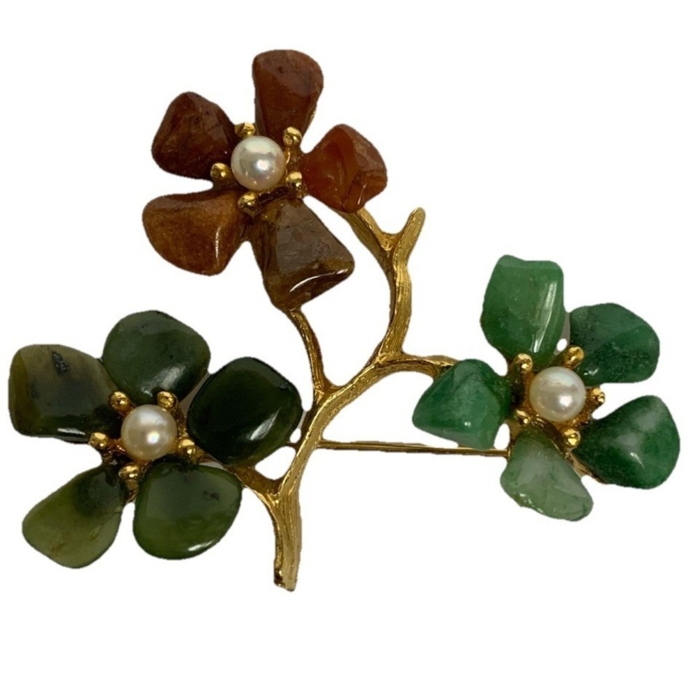 Swoboda Brooch Women OS Green Jade Carnelian Pearl Flower Gold Tone Vintage Pin